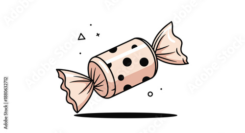 Single piece of candy in a pink and black polka dot wrapper floats among small geometric shapes on a white background.