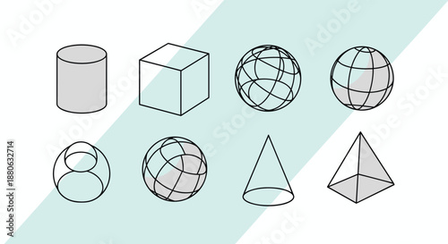 Educational set of basic 3D geometric shapes including a cylinder, cube, spheres, and pyramid with wireframe details.
