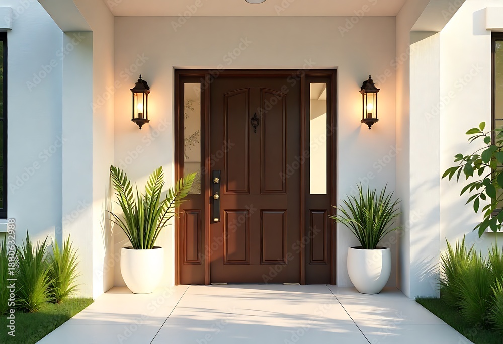 Fototapeta premium Modern luxury house exterior with wooden door, white wall, and spacious patio, showcasing contemporary residential architecture, clean design, bright summer light, and copyspace for marketing.