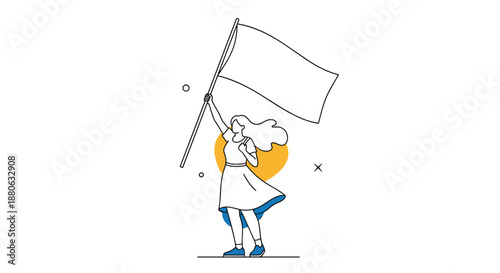 minimalist line art illustration of young woman holding large blank white flag as symbol of peace or protest on white background.