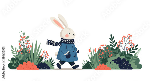 Adorable white bunny wearing a blue winter coat and scarf walks through a garden filled with red berries and green plants.