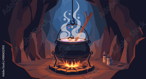 Magical bubbling cauldron over a campfire in a dark cave with glowing steam and mystical atmosphere for fantasy themes.