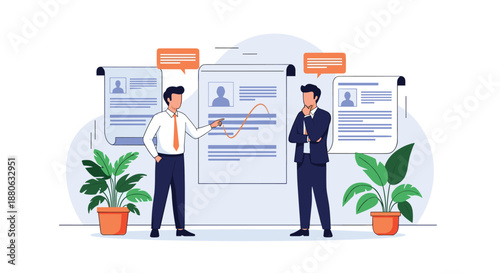 Two professional businessmen in suits analyze data charts and candidate resumes on large interactive digital displays.