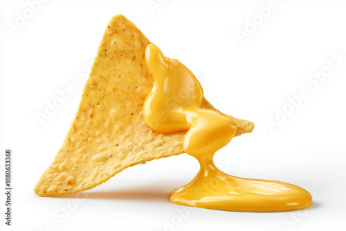 One single nacho chip dipped in cheddar cheese dip sauce dripping isolated against white background.