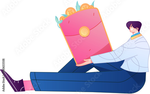 Vector flat gradient illustration of a character holding a red envelope and celebrating Chinese New Year.
