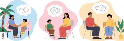 Family therapy counseling illustration set, mental health support conversation parents children psychology vector design