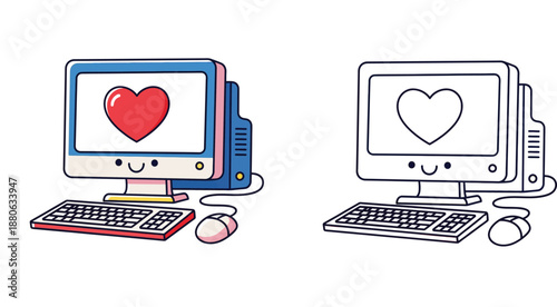 Cute kawaii computer character vector illustration set. Retro desktop pc with heart on screen and smiling face. Colorful and black and white outline coloring page isolated on white background.