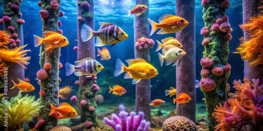 Fototapeta premium A vibrant underwater world teeming with aquatic life and colorful coral formations, showcasing a school of small fish swimming gracefully amongst the aquatic flora