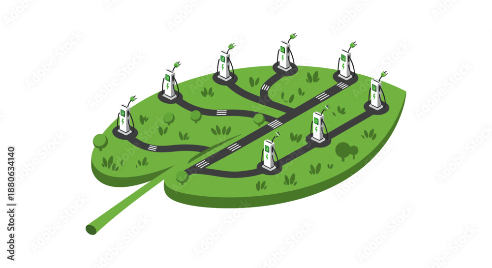 Obraz premium electric vehicle charging network on a leaf illustrating sustainable energy infrastructure and eco-friendly transportation development