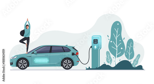 electric car charging scene with a woman practicing yoga on the hood illustrating sustainable transportation and mindful living concept.