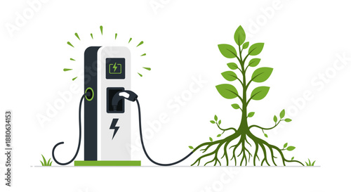 electric vehicle charging station powering a green plant symbolizing sustainable energy and eco-friendly transportation solutions.