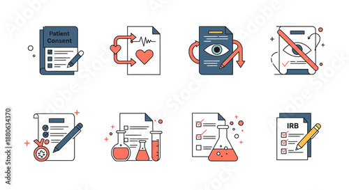 medical research compliance icons illustrating patient consent ethical approval and data privacy for scientific studies and healthcare.