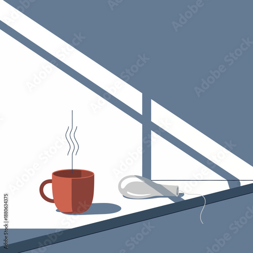 menstrual cup morning routine steaming coffee cup window light casting shadows on a surface highlighting womens daily self care.