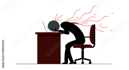 workplace burnout illustration of an exhausted employee with mental health stress slumped over a laptop at an office desk.