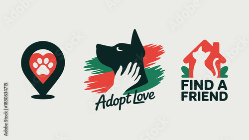 Three vibrant logos promote pet adoption and animal welfare with location, dog, and cat symbols