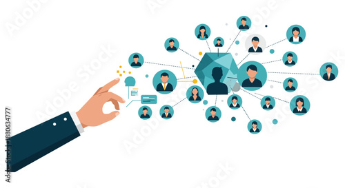 digital networking concept with a business hand activating interconnected user profiles visualizing global communication and corporate connection strategies.