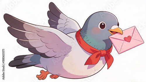 A cute cartoon vector illustration of a flying white dove with a heart symbol and spreading wings representing peace and love in a clean nature art design