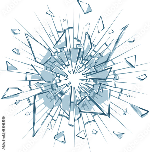Abstract shattered glass burst illustration with radial sharp fragments for impact effects, breakage concepts, and dynamic graphic design projects