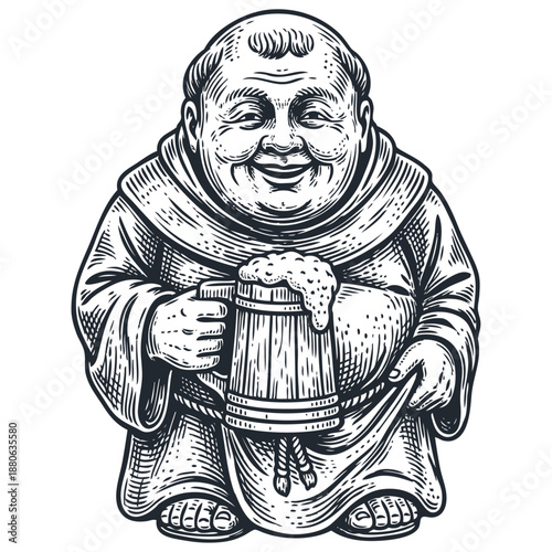 Vector illustration of a jolly monk holding a wooden mug of frothy beer. A cheerful character in a vintage, hand-drawn engraving style for a pub or brewery.