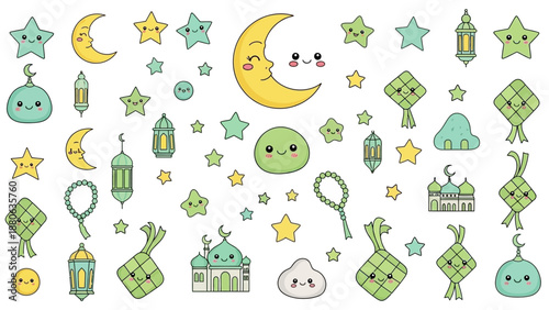 Cute Kawaii Ramadan Icons: Moon, Stars, Lanterns, Mosques, Ketupat, Prayer Beads
