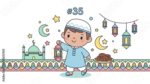 Cute Muslim Boy with Lantern and Dates, Ramadan Celebration Decor