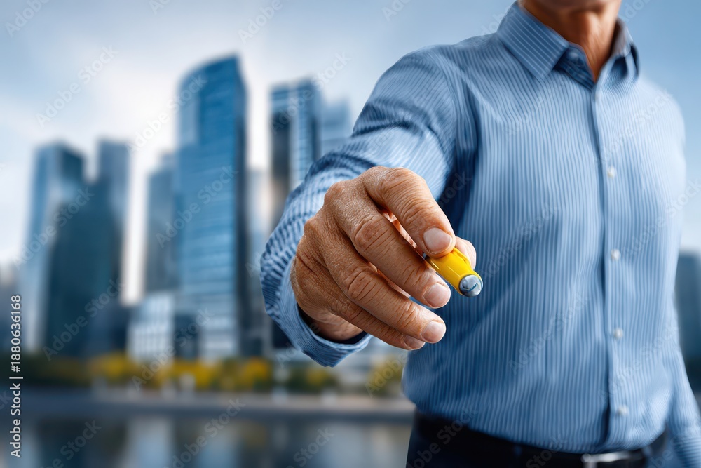 Fototapeta premium Man holding stylus with transparent background, city view in the distance