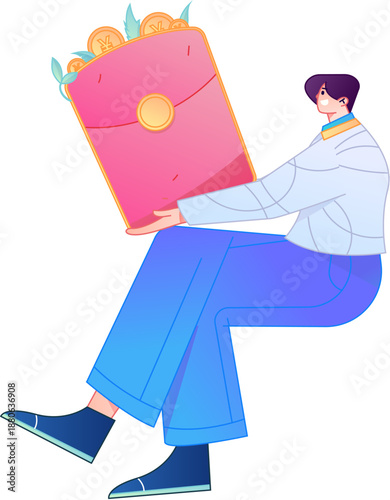 Vector flat gradient illustration of a character holding a red envelope and celebrating Chinese New Year.
