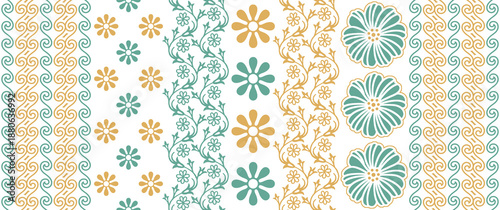 Vibrant floral patterns in teal and gold on white background