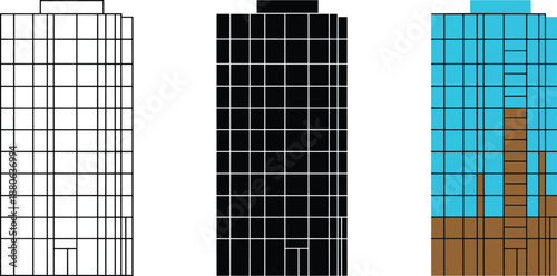 Modern skyscraper building icon set in outline, solid, and colored grid styles for architecture and urban design projects