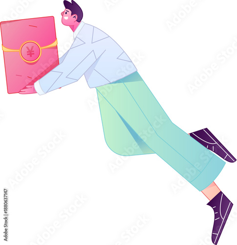 Vector flat gradient illustration of a character holding a red envelope and celebrating Chinese New Year.
