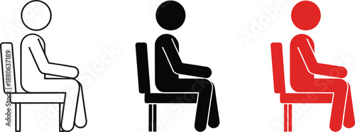 Seated person icon set in outline, solid, and colored styles for signage, accessibility symbols, and user interface design projects