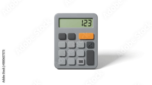 Small gray calculator with orange button showing 123 on display.