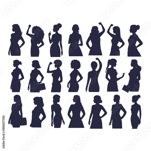 Set of diverse female silhouettes in profile and frontal views showing different body types and styles in fashionable poses on background