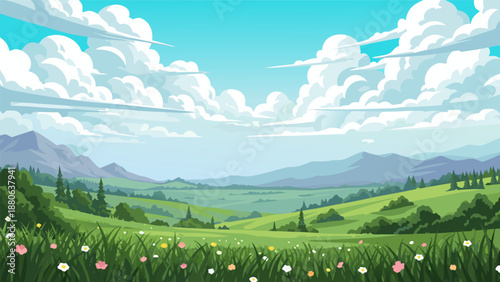 Beautiful expansive countryside landscape vector illustration with rolling green hills and fluffy clouds, perfect for nature-themed designs
