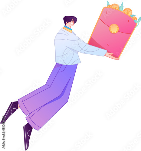 Vector flat gradient illustration of a character holding a red envelope and celebrating Chinese New Year.
