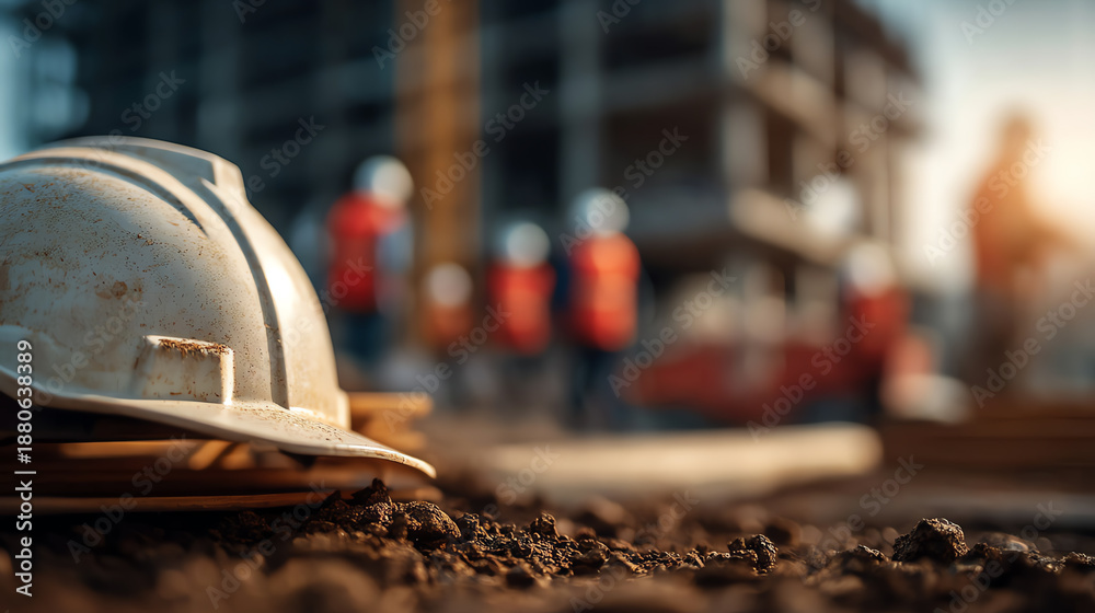 Obraz premium A construction site showcasing safety gear, hard hats, and workers focused on building projects in the background.