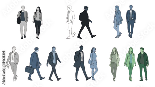 Diverse group of business professionals walking in various poses and attire depicted in multiple illustration styles