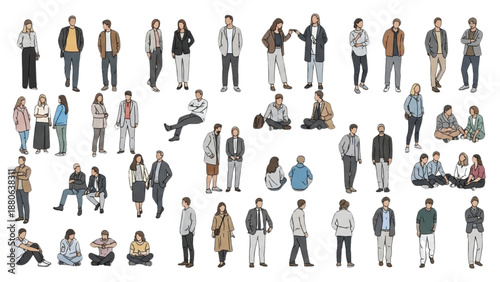 Diverse groups of people in various poses and outfits standing, sitting, and lying down together in a flat illustration.