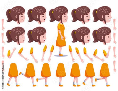 Cartoon-style girl character kit with interchangeable heads, arms, legs, and expressions.