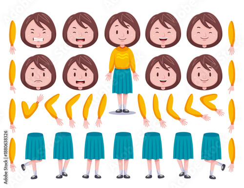 Cartoon-style girl character kit with interchangeable heads, arms, legs, and expressions.