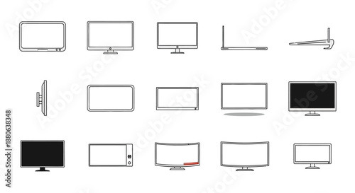 A collection of various monitor and television screen icons showing different types, angles, and display states.