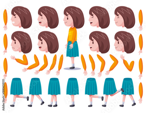 Cartoon-style girl character kit with interchangeable heads, arms, legs, and expressions.