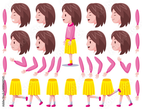 Cartoon-style girl character kit with interchangeable heads, arms, legs, and expressions.
