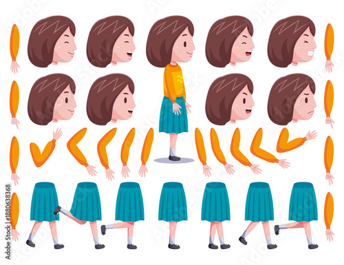 Cartoon girl character body parts set with facial expressions, arms and legs for animation