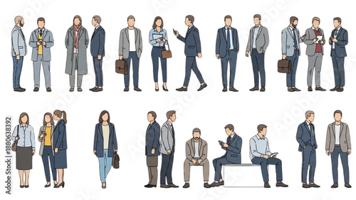 Diverse group of professionals standing and sitting in various poses with briefcases and laptops in a modern office environment from a frontal viewpoint