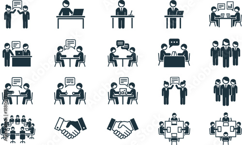 Business teamwork and meeting icon vector set showing office collaboration, discussion, handshake, negotiation concepts for corporate presentation designs.