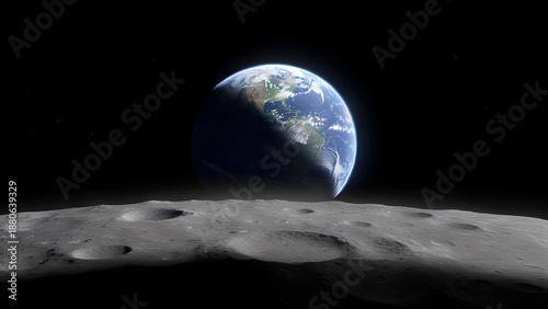 Earth rising above lunar horizon iconic composition ultra realistic
