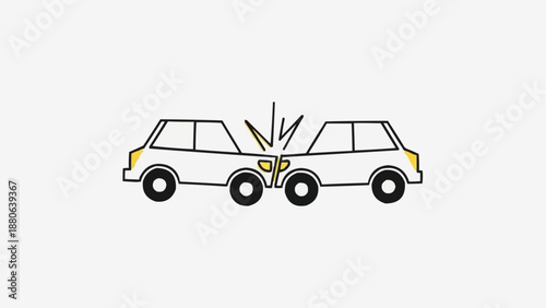 Two cars colliding head on in a traffic accident illustration.