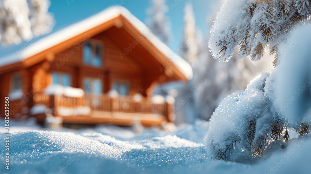 Fototapeta premium A cozy wooden cabin nestled in snowy surroundings, offering a warm escape amidst winter's beauty and tranquility.