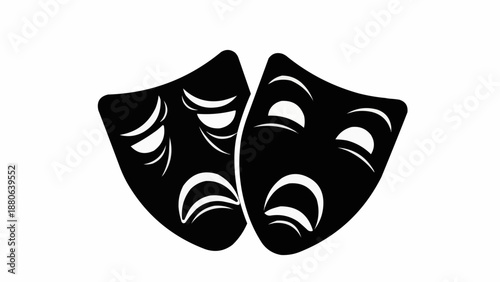 Two black theater masks representing comedy and tragedy.